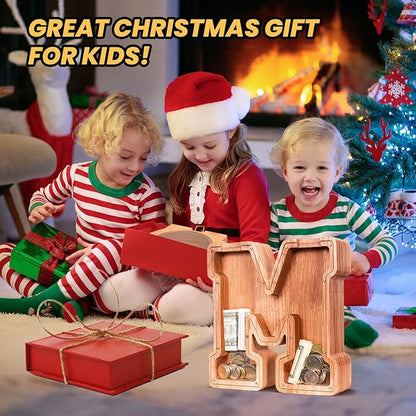 KMC Wooden Letter Piggy Bank, Personalized Initial Piggy Bank for Kids Boys, Clear Alphabet M Wood Money Box, Unbreakable Coin Saving Jar, Birthday, for Children