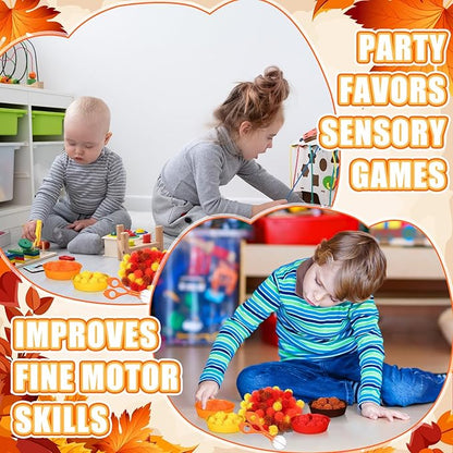 Leitee 71 Pcs Sensory Bin Filler Include 60 Hedge Balls 4 Tweezers 2 Scissors Clips 5 Cups Fine Motor Skills Toys Set for Boys Girls Early Education and Counting Sorting Training(Orange,Autumn)