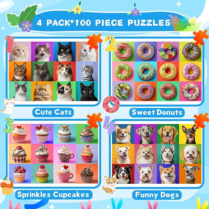 4 Packs 100 Piece Puzzles for Kids Ages 4-6 6-8 8-10, Dogs Cats Cupcakes Donuts Educational Jigsaw Puzzles, Kids Puzzles 4-6 Gifts for Girls Boys