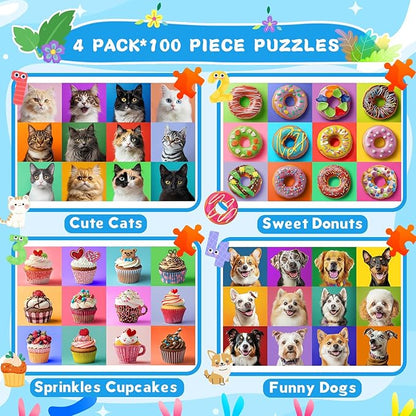 4 Packs 100 Piece Puzzles for Kids Ages 4-6 6-8 8-10, Dogs Cats Cupcakes Donuts Educational Jigsaw Puzzles, Kids Puzzles 4-6 Gifts for Girls Boys