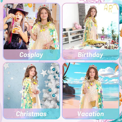Princess Dress Up Toys Princess Dress Up Clothes Rainbow Mermaid Cape Kit 9 Pcs Gift Set for Little Girls 3-8 Years