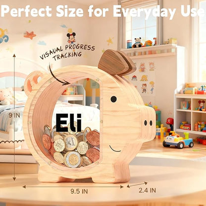 Personalized Wooden Piggy Bank for Kids Large, Custom Name Money Bank for Boys Girls, Cute Unbreakable Wood Savings Jar Money Box, Birthday for Child, Room Décor