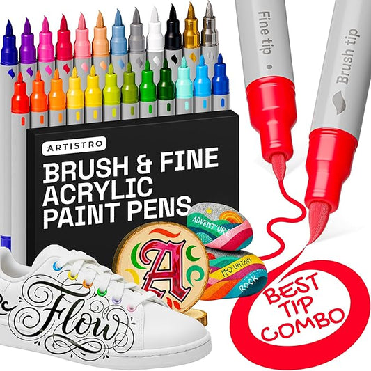 ARTISTRO 24 Dual Tip Brush + Fine Acrylic Paint Pens Ideal for Calligraphy - Paint Markers for Fabric, Rock, Glass, DIY - Stocking Stuffers, Christmas Gift Idea for Teens, Grandkids, Kids