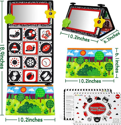 Dr.Rapeti Tummy Time Floor Mirror for Baby Infant Toddler Kids Black and White High Contrast Baby Toy with Crinkle Cloth Book Teethers Floor Activity Toy Washable Non-Toxic