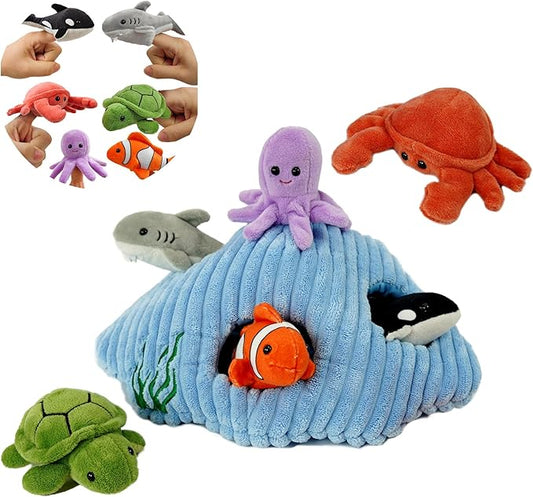 6pcs sea Finger Puppets with a Shell House, Novelty Animals Toys Puppet for Kids, Storytelling Role-Playing Plush Finger Puppets Gifts for Boys and Girls
