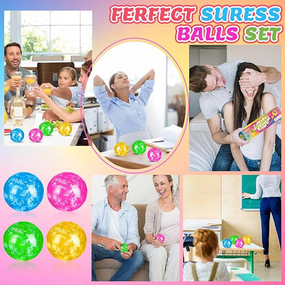 Stress Balls 4 Pack for Adults and Kids, Glitter Squeeze Toys, Sensory Toys for Kids with Autism, Squishy Fidget Toys for Stress and Anxiety Relief, Prize for Classroom