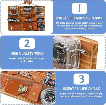 Busy Board for Toddlers, Travel Toy Fidget Board Activity Board for Fine Motor Skills, Wooden Busy Board Toys for 3 Years Old Boys & Girls with Switch, Locks, Music Box...