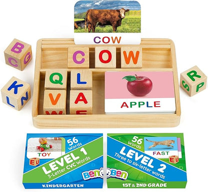 BenBen Spelling Games with Flash Cards, Montessori Toys for 3 4 5 6 Years Old Kids, Wooden Matching Letters Games, CVC Word Educational Learning Toys, Gift for Preschool Kindergarten