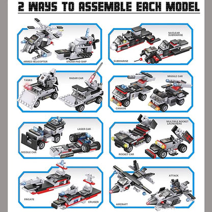 Liberty Imports 825pc Military Aircraft Carrier Fleet Construction Bricks Toy - 8-in-1 Naval Battleship Models with Navy Vehicles, Jets & More - Compatible with Major Brands - Storage Case Included