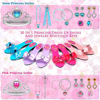 Princess Dress Up Girls Shoes - Toddler Heels Play Shoes & Pretend Jewelry Accessories Sets,Toys for Girls with Kids Crown, Wand, Necklace, Ring, Bracelet, Earring for Little Girls Aged 3 - 6 Birthday