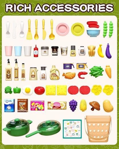 33.8IN Kids Kitchen Playset, 63PCS Kid Play Kitchen with Realistic Lights & Sounds, Spray Sink Toy Kitchen Accessories, Pretend Food Toys Kitchen for Boys Girls Toddlers(Green)