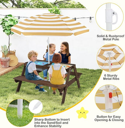 Costzon Kids Picnic Table with Sensory Bins, 4 in 1 Sand and Water Table with Height Adjustable Umbrella, Removable Tabletop for Outdoor Backyard Patio Play