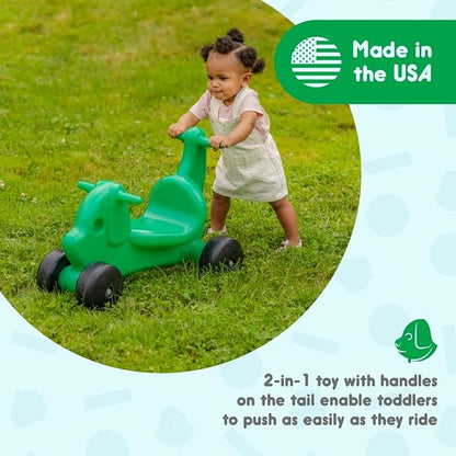 Careplay 2-in-1 Puppy Push & Ride-on Toy, Indoor & Outdoor Use, Low Profile Seat, Recommended for Children up to 50lbs, Durable Construction, Made in The USA (Green)