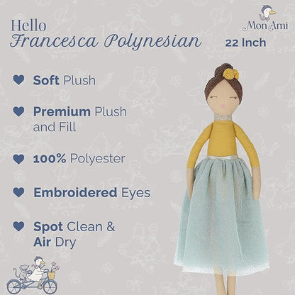 MON AMI Francesca Polynesian Princess Doll – 22 Inches Soft Plush Stuffed Doll for All Ages | Cuddly Toy, Nursery & Bedroom Décor | Elegant Baby Shower, Birthday Essential