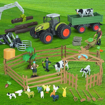 46Pcs Farm Toys, Tractor Toy w/Lights & Sound, Animals Toys for 3 4 5 6 7 8+ Year Old Toddler Girls Boys Kid, Figures Farmer Vehicle Truck Fence Playset Educational Learning Toys