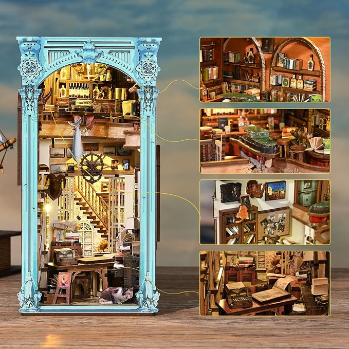 𝗠𝗶𝗻𝗶𝗖𝗶𝘁𝘆 Book Nook Kit, DIY Miniature Dollhouse Booknook Bookshelf Insert Decor, 3D Wooden Puzzles with LED Light for Teens and Adults(Hemingway House)