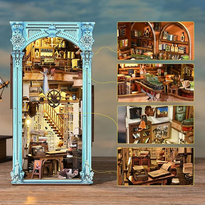 DIY Book Nook Kit, Miniature Dollhouse Booknook Kit, 3D Wooden Puzzle Bookend Bookshelf Insert Decor with LED Light for Teens and Adults (Hemingway House)