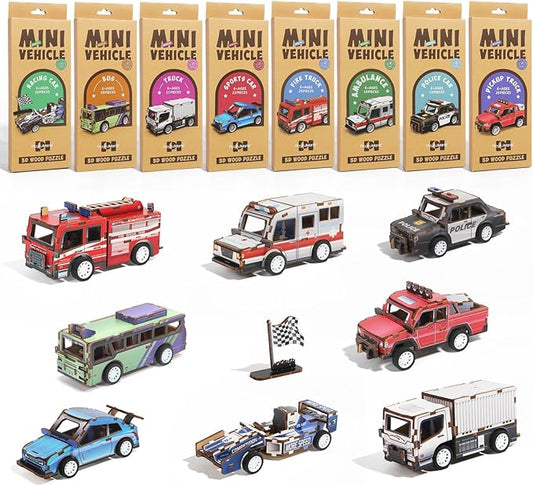 8 Pack 3D Wooden Puzzle STEM Model Car Kits, Science Kits for Young Engineer, 3D Puzzles for Kids Ages 4-12, Educational Wooden Craft Gifts for Boys & Girls