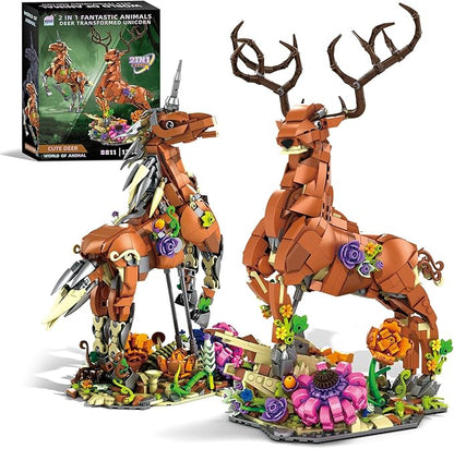 2 in 1 sika Deer&Unicorn Animals Building Decorations Set,Animal Blocks Flowering shrubsToys Suitable for Boys and Girls Age 6+ Year Old Desktop Decoration
