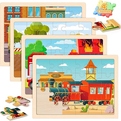 Puzzles for Kids Ages 4-6, 4 Packs 24 Pcs Wooden Jigsaw Puzzles for Toddlers Ages 2-4, Preschool Educational Vehicle Puzzle Toys Gifts for 3 4 5 6 Boys Girls