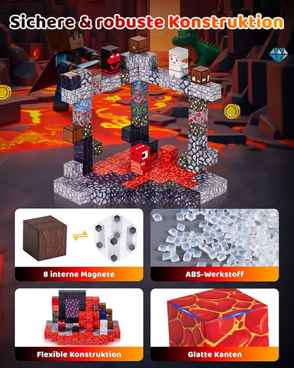 115PCS Magnetic Blocks - Building Toys for Boys Girls 3+, with 20 Unique Patterns, Lava Rivers, Volcanoes, & Dragons, STEM Sensory Toys for Kids Boys Girls Ages 3 4 5 6 7 8 9 Birthday Gifts