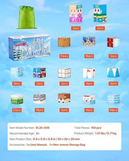 VEVOR Magnetic Blocks, 150 PCS Glacier Castle Set, Magnetic Building Cubes for Kids, STEM Montessori Sensory Toys for Christmas Birthday Gift, Construction Stacking Toy for 3+ Years Old Boys & Girls