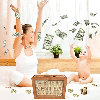 Piggy Bank for Adults Kids, Wooden Mony Bank Cash Vault Money Saving Box with Counter $10000 Savings Challenge Money Bank with Money Target and Numbers (Brown $10000)