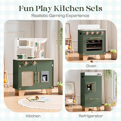 ROBOTIME Play Kitchen with Toy Fridge, Toy Oven, Wooden Kids Kitchen Play Set, Toy Kitchen Set for Kids Age 3 4 5 6 7 (Vintage Green)