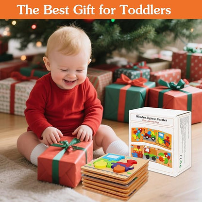 Wooden Puzzles Toys for Ages 2-4, Toddler Puzzles Toys Gifts for 1 2 3 Years Old Boys Girls, 6 Pack Vehicle Shape Montessori Learning Toy for Kids Babies Toddlers 1-3 2-3 12 18 Months