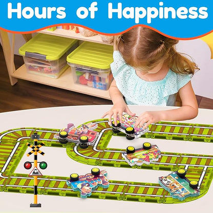 Oriate Rolling Magnet Train Set for Magnetic Tiles, 5pcs Magnet Tiles Toy Train for Road Magnetic Tiles, Free Wheel Animal Vehicles for City Magnetic, Kids Christmas Town Magnetic Tile Accessory