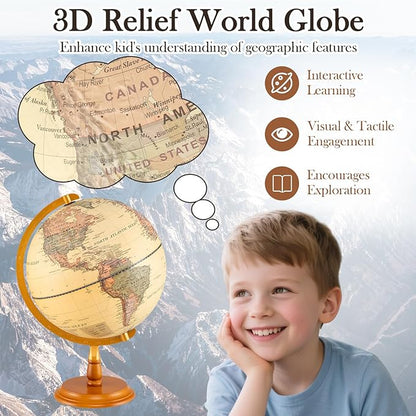 COSTWAY 12” Illuminated World Globe, Geography Educational Globe with Built-in LED Night Light, Wooden Stand, Clear Map for Kids & Adults Learning, Desktop Globes for Students, Decoration (Bronze)