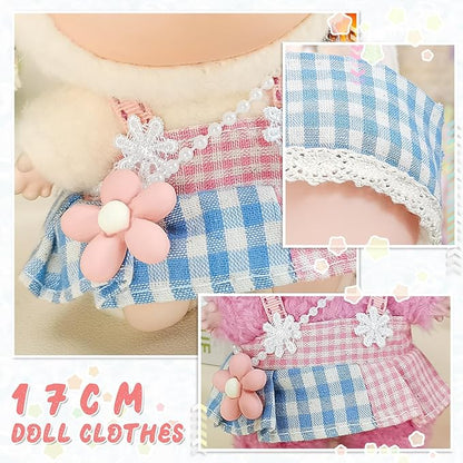 17cm Doll Clothes Set, Compatible with Labubu, Floral Dress with Lace Trim, Headband & Bear Charm Accessory (NO Doll) (Pink Gingham)