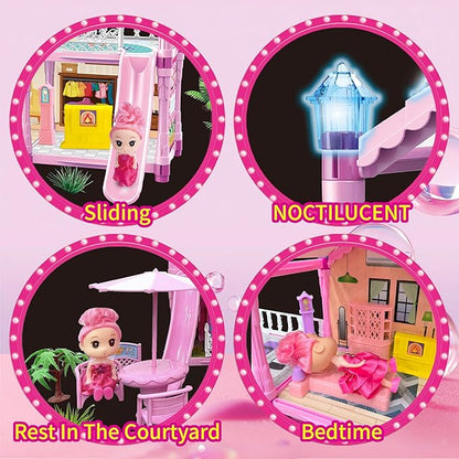 Doll House for Girl with 1 Princess, 2 Floors -4 Rooms, 131 Accessories Includes Dog and Furnitures, Design and Build Gift for 3 4 5 6 7 8+ Year Old Girls (Pink)