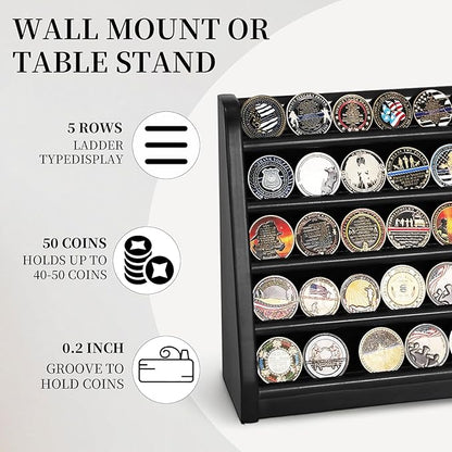 5 Rows Challenge Coin Holder Display Stand Holds 50 Coins for Wall Mount or Tabletop, Solid Wood Military Coin Rack Display Case for Army Collectibles, Black