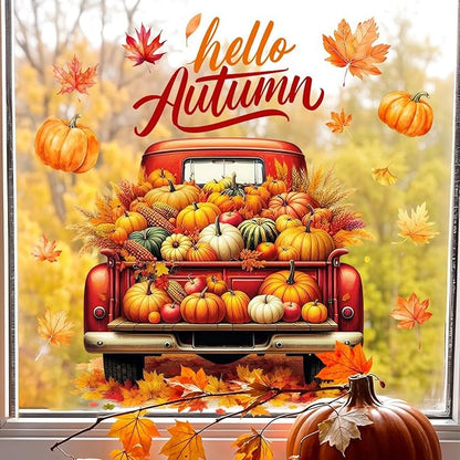 1 Sheet Autumn Window Clings Stickers Fall Maple Leaves and Truck Designs Double-Side Static Fall Window Glass Decals DIY Pumpkin Window Stickers for Home, Office, Classroom Decor Supplies