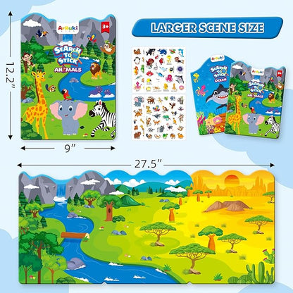 Reusable Sticker Books for Toddlers 3-5 Years, 2 Sets Jelly Sticker Books, Toddler Travel Toys Craft Activities for Kids-Ocean Wrold, Safari
