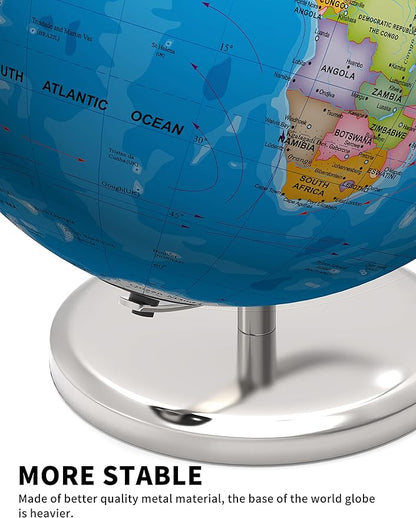 13" World Globe with Stand, Illuminated Educational Globes with HD Printed Map for Kids Classroom Learning, LED Globe Lamp with Stable Heavy Metal Base