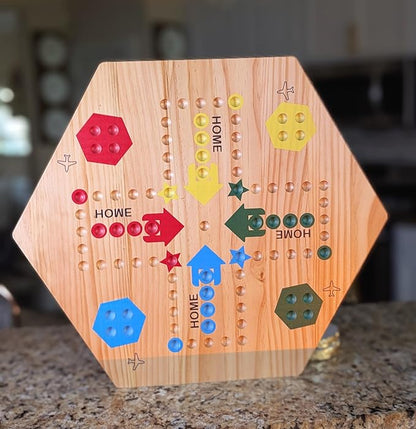 Wooden Wahoo Marble Board Game (20 INCH), Double-Sided, for 2-6 Players, with 24 Marbles and 6 dice. Also Includes Ring Toss, Wooden Hook and Ring Gameand Premium Playing Cards.