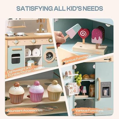 ROBUD Wooden Play Kitchen Set, Kids Toy Kitchen Set with Realistic Design, Utensils, Ice Maker, Fridge, Oven, Washer, Modern Style Play Kitchen with Accessories, Ideal Gift for Boys & Girls, Blue