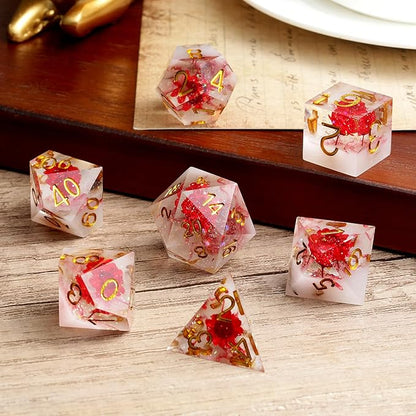 Flower D&D Dice ,DNDND Handmade Resin Sharp Edge Die with Gift Case for D&D Dungeons and Dragon Games (Red Flower)