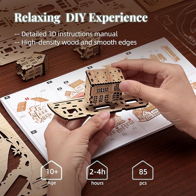 3D DIY Puzzle Moon City Model - LED 3D Wood Puzzle - 3D Wooden Puzzles for Adults Home Décor Gifts for Kids and Adults, White