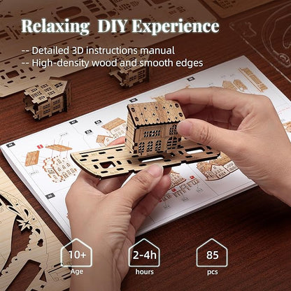 3D DIY Puzzle Moon City Model - LED 3D Wood Puzzle - 3D Wooden Puzzles for Adults Home Décor Gifts for Kids and Adults, White