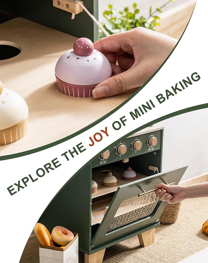 ROBOTIME Wooden Toy Oven Play Kitchen Set, Kids Kitchen Playset with Play Food, Pretend Play Oven Wooden Toy Kitchen Set for Toddlers Boys Girls(Vintage Green)