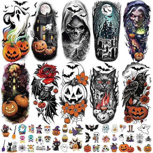 77 PCS Halloween Temporary Tattoos Adult Kids, 17 PCS Half Sleeve Pumpkin Bat Crow Witch Skull Fake Tattoos, 60 PCS Spider Cat Ghost Scar Tiny Realistic Face Body Tattoos Stickers