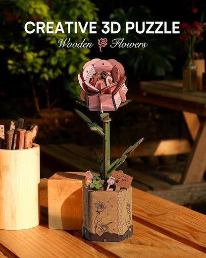 3D Flower Wooden Puzzles for Adults-Pink Rose, DIY Wooden Flowers Model Kit Building Set Crafts for Adults to Build, Botanical Collection/Ideal Creative Gift Ideas/Housewarming (104PCS)