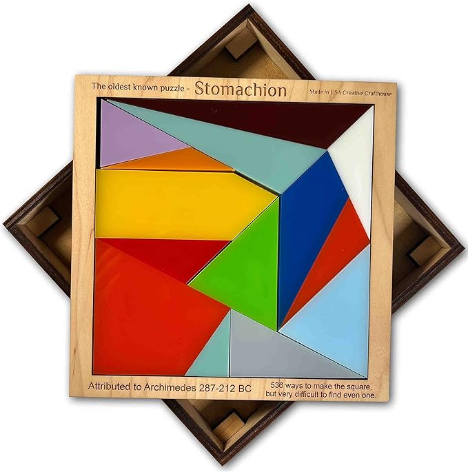Stomachion Puzzle by Creative Crafthouse – 14 Piece Classic Brain Teaser for Teens and Adults with 536 Different Solutions - Handmade Puzzle Featuring Multi Colored Acrylic Puzzle Pieces