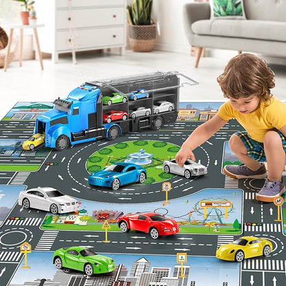 Racing Trucks Toy Set with Play Mat, Carrier Truck Play Vehicles Set for 3 4 5 6 Years Old Boys Kids, Die-Cast Car Toy for Toddlers 3-4 Years, Birthday Gifts Toys for 3-9 Year Old Boys