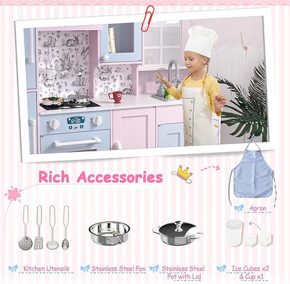 Play Kitchen for Kids, Wooden Kids Kitchen Playset w/Faucet, Sink, Stove, Oven, Window, Cookware, Storage Cabinets, Toddler Role Play Kitchen Pretend Play Toy Set Gift for Girls Boys Ages 3+