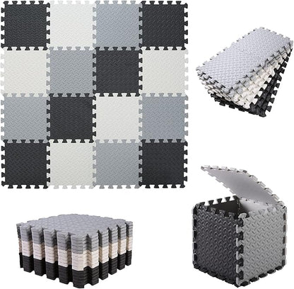 Foam Play Mat for Baby, 0.4 Inch Thicked Interlocking Floor Mats with Solid Colors, Soft Non-Toxic Baby Playmat, EVA Foam Playmat Foam Mats for Toddlers, 16 Tiles(White/Black/Gray)
