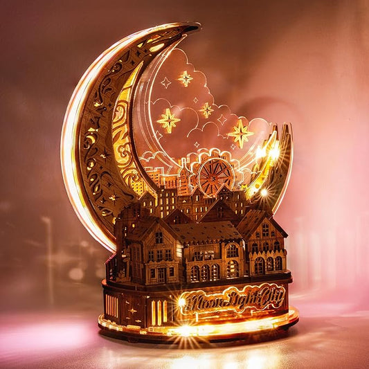 3D DIY Puzzle Moon City Model - LED 3D Wood Puzzle - 3D Wooden Puzzles for Adults Home Décor Gifts for Kids and Adults, Brown